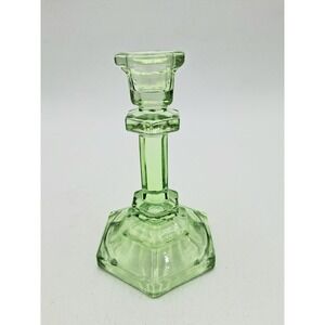 Vintage EAPG Green Glass Hexagon Base Candlestick Holder Granny Core Aesthetic